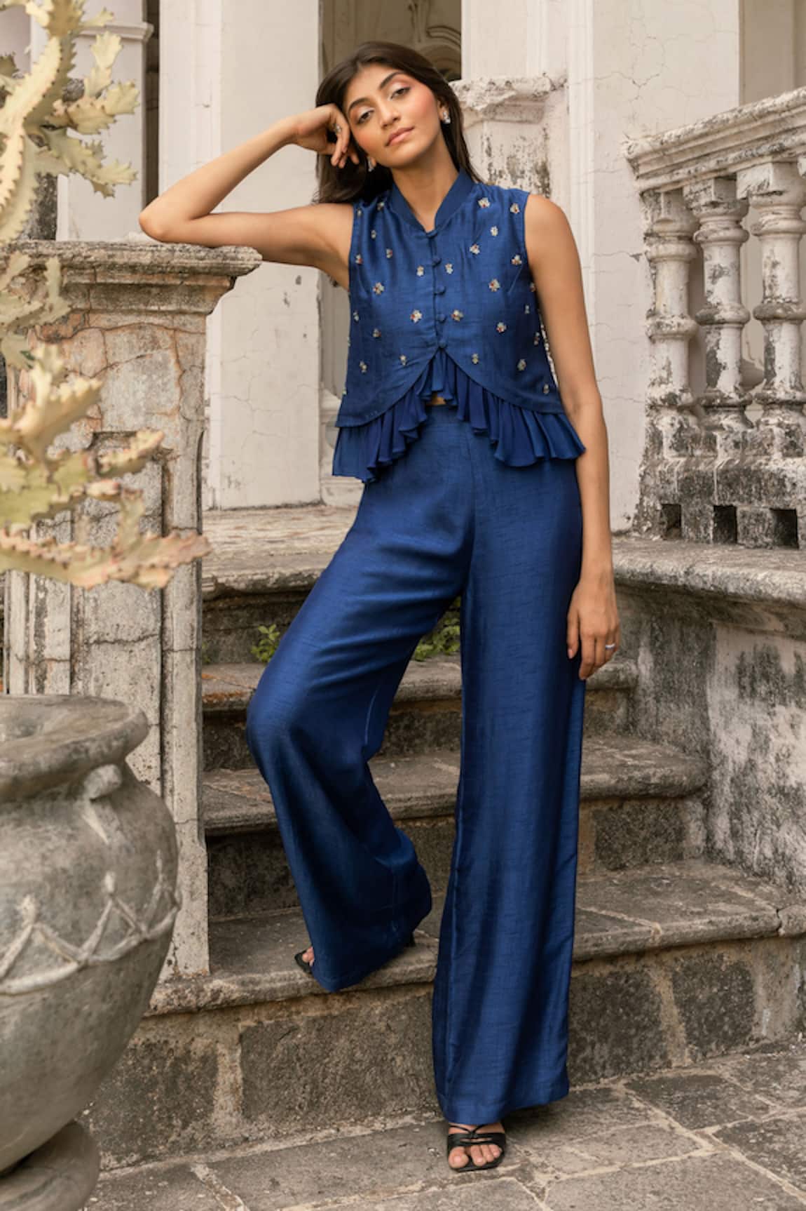 Parshya Blue Hand Embroidered Top & Pant Set 