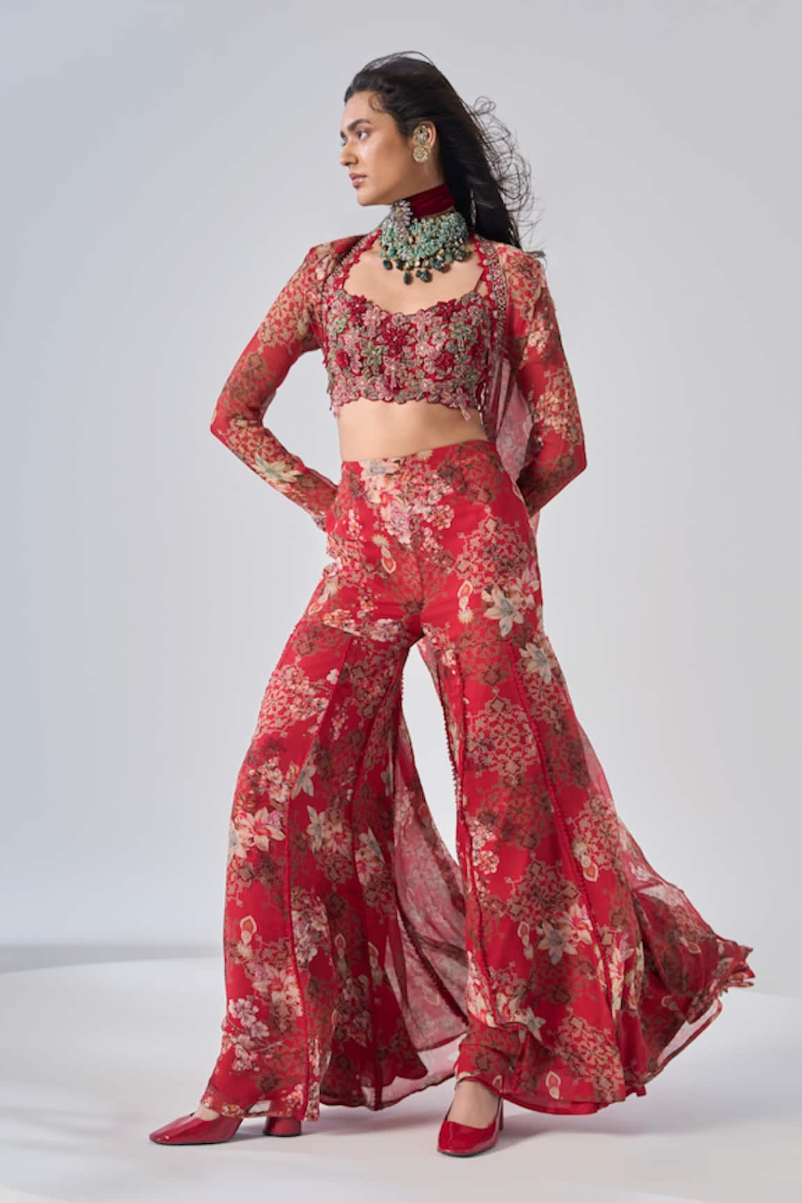 Ridhima Bhasin Red Floral Chiffon Jacket Set 