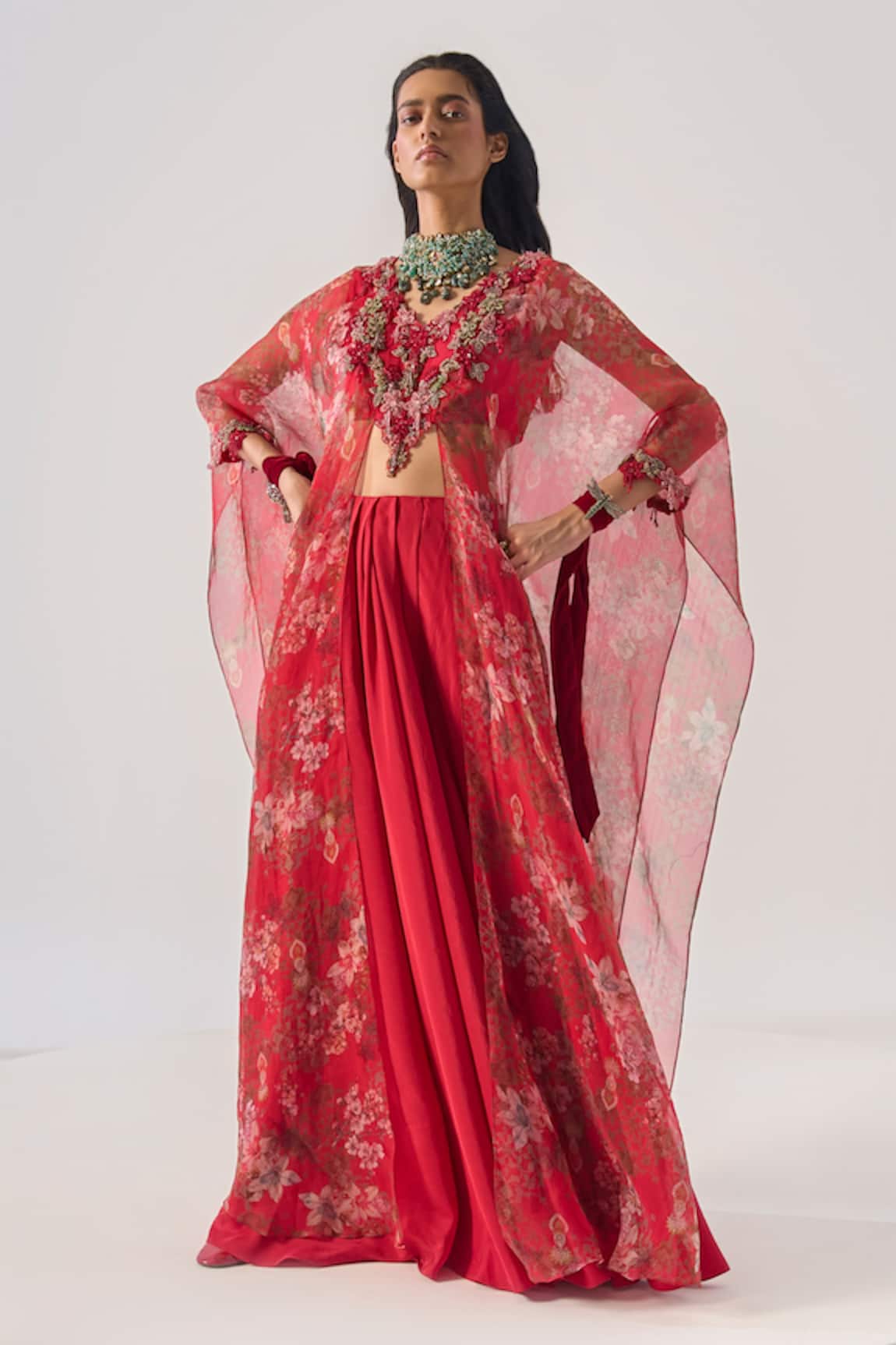Ridhima Bhasin Floral Organza Red Kurta Set 