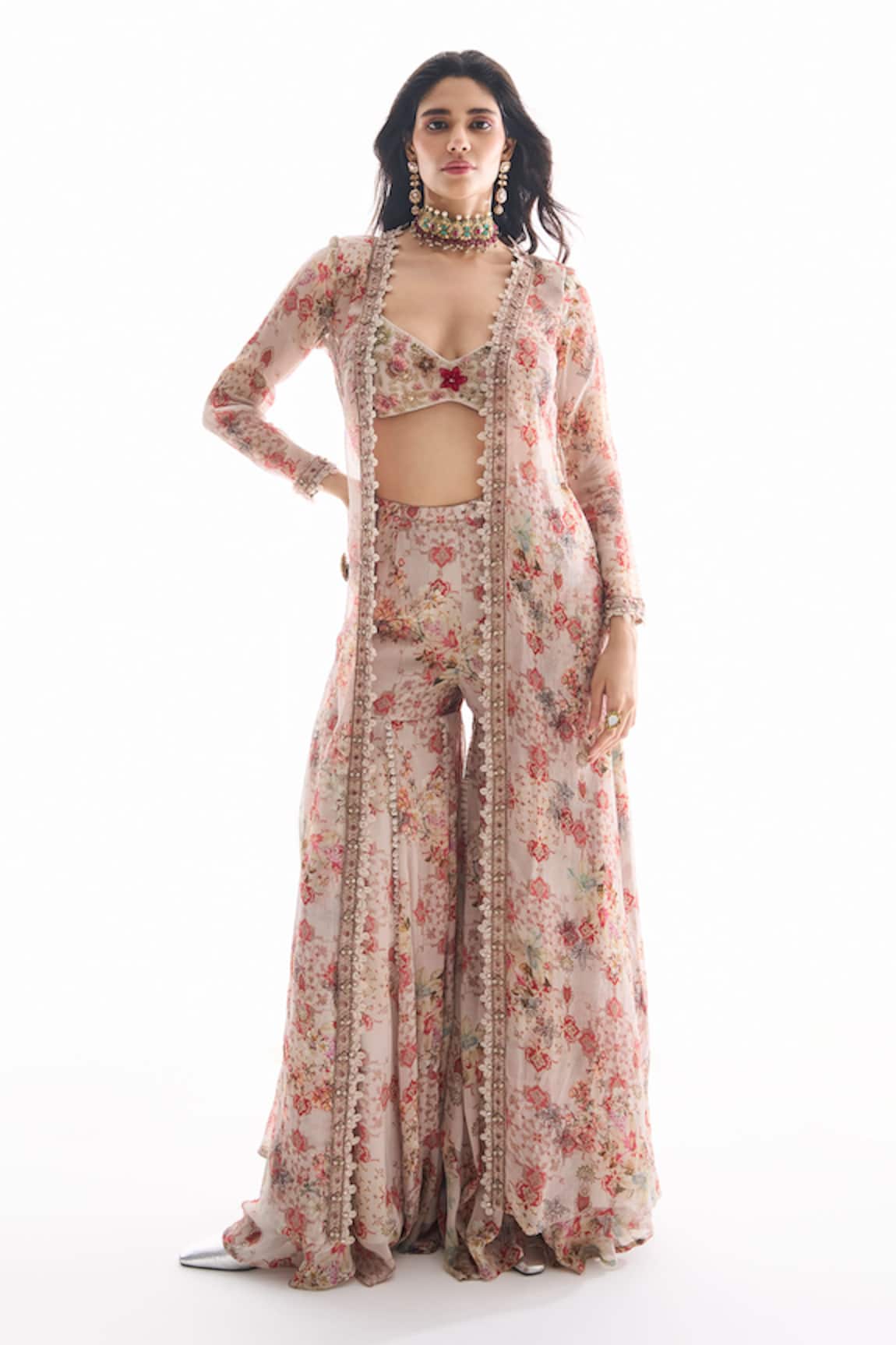 Ridhima Bhasin Floral Chiffon Jacket Sharara Set 