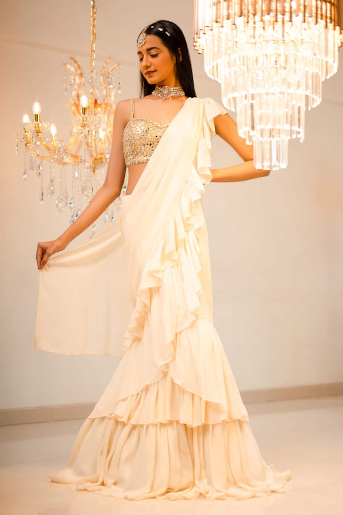 Foram Patel Cream Pre-Draped Ruffle Saree With Blouse 