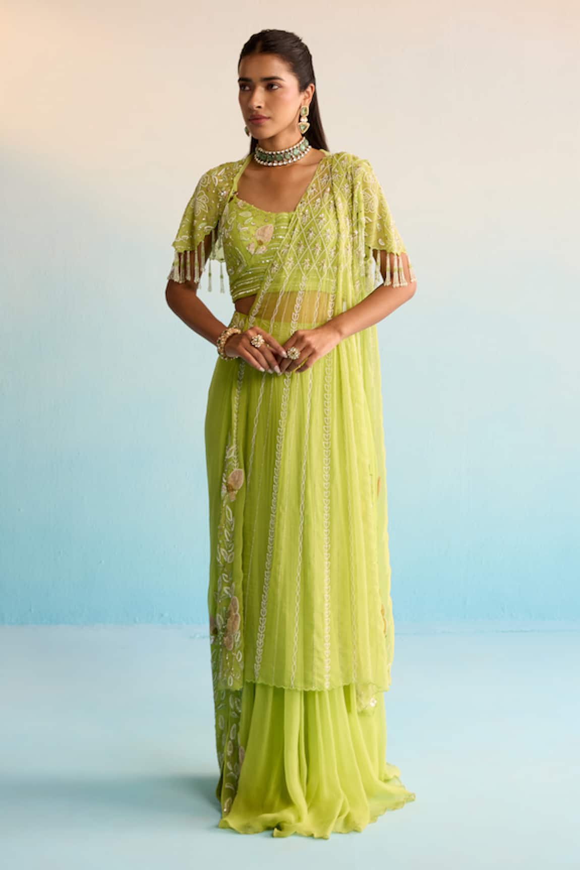 House Of Armuse Lime Green Minali Pre-Draped Saree Set 