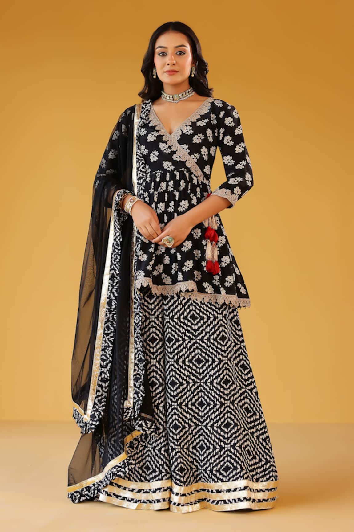 Palak & Mehak Black Floral Print Angarkha Set 