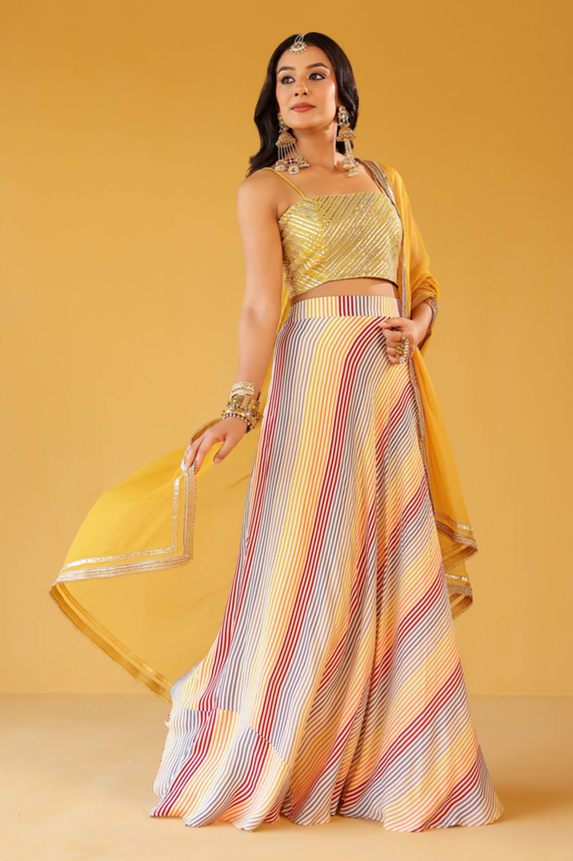 Palak & Mehak Multi Color Striped Crop Top & Skirt Set 