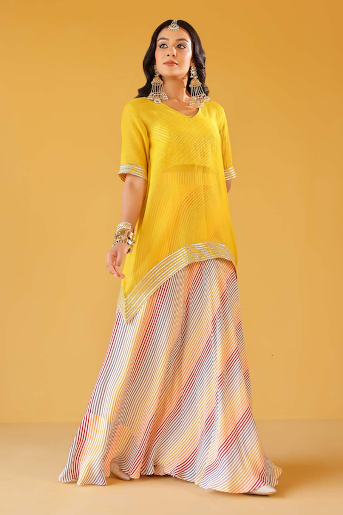 Palak & Mehak Multi Color Striped Tunic & Skirt Set 
