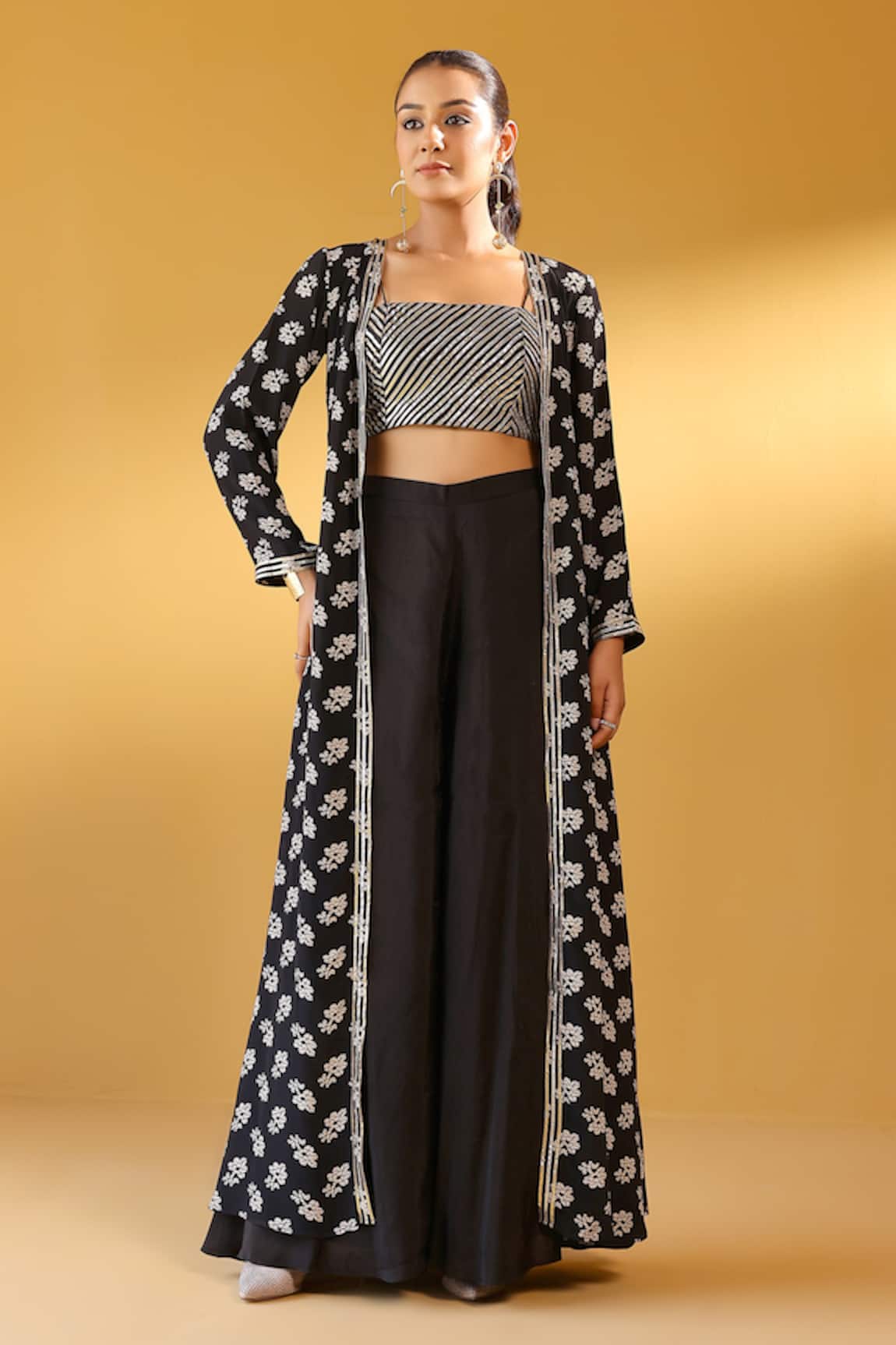 Palak & Mehak Black Floral Print Jacket & Pant Set 