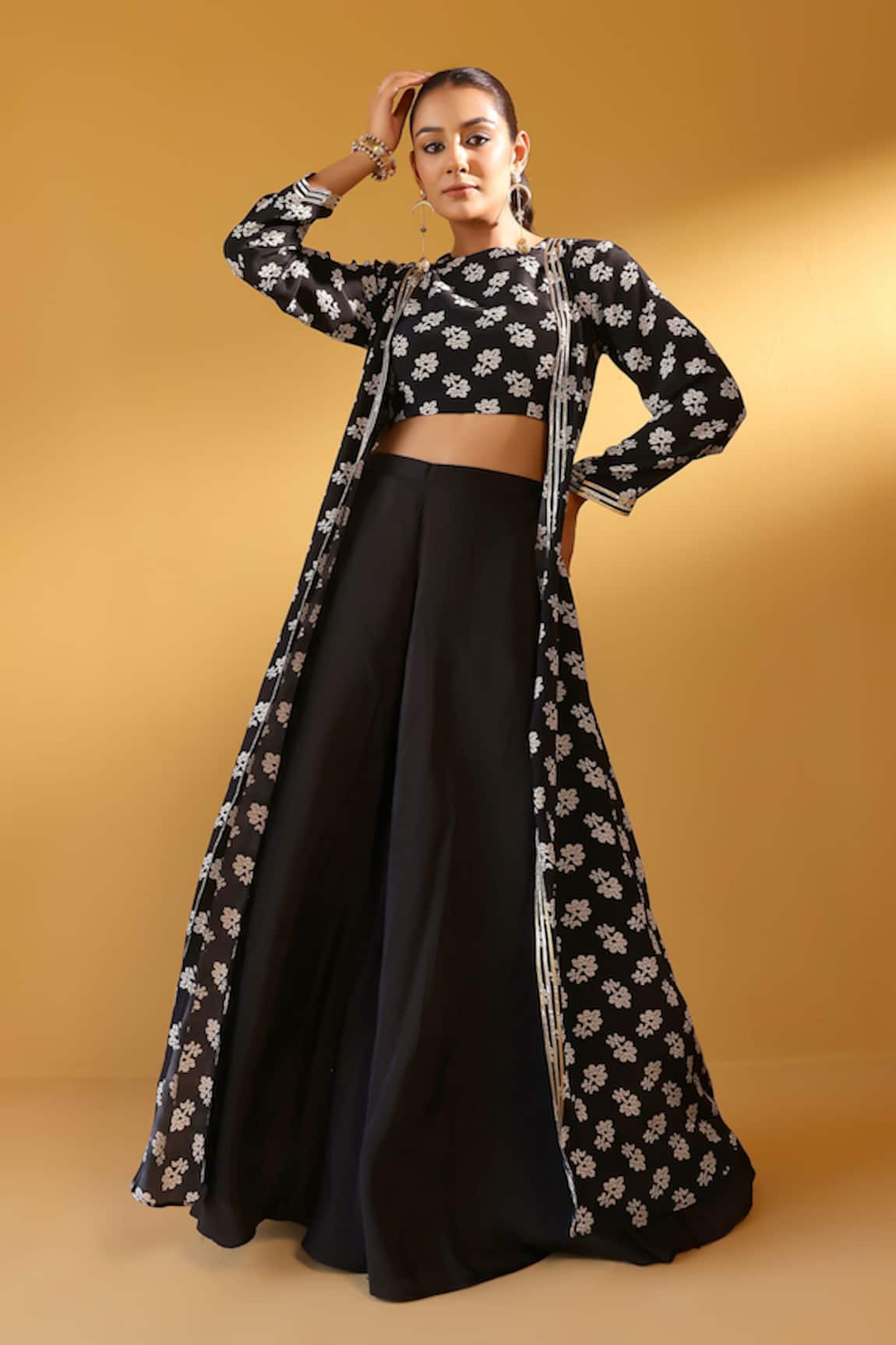 Palak & Mehak Black Floral Print Jacket Set 