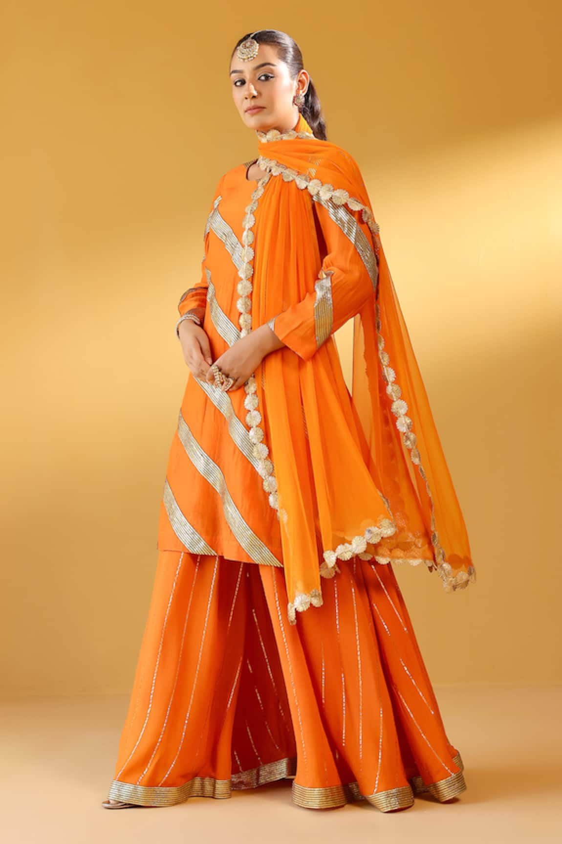 Palak & Mehak Designer Orange Chanderi Kurta Sharara Set 