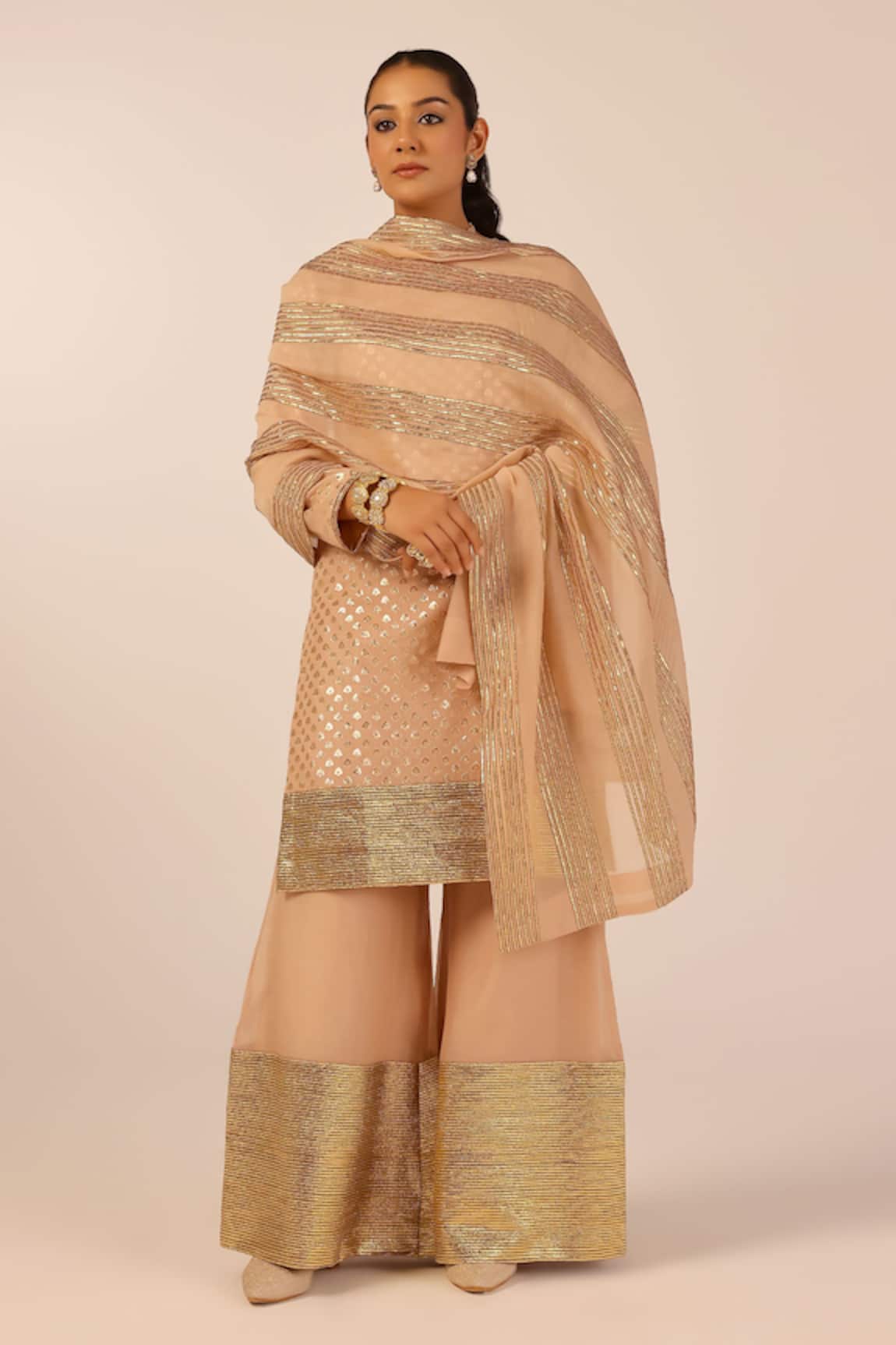 Palak & Mehak Beige Chanderi Embroidered Kurta Set 
