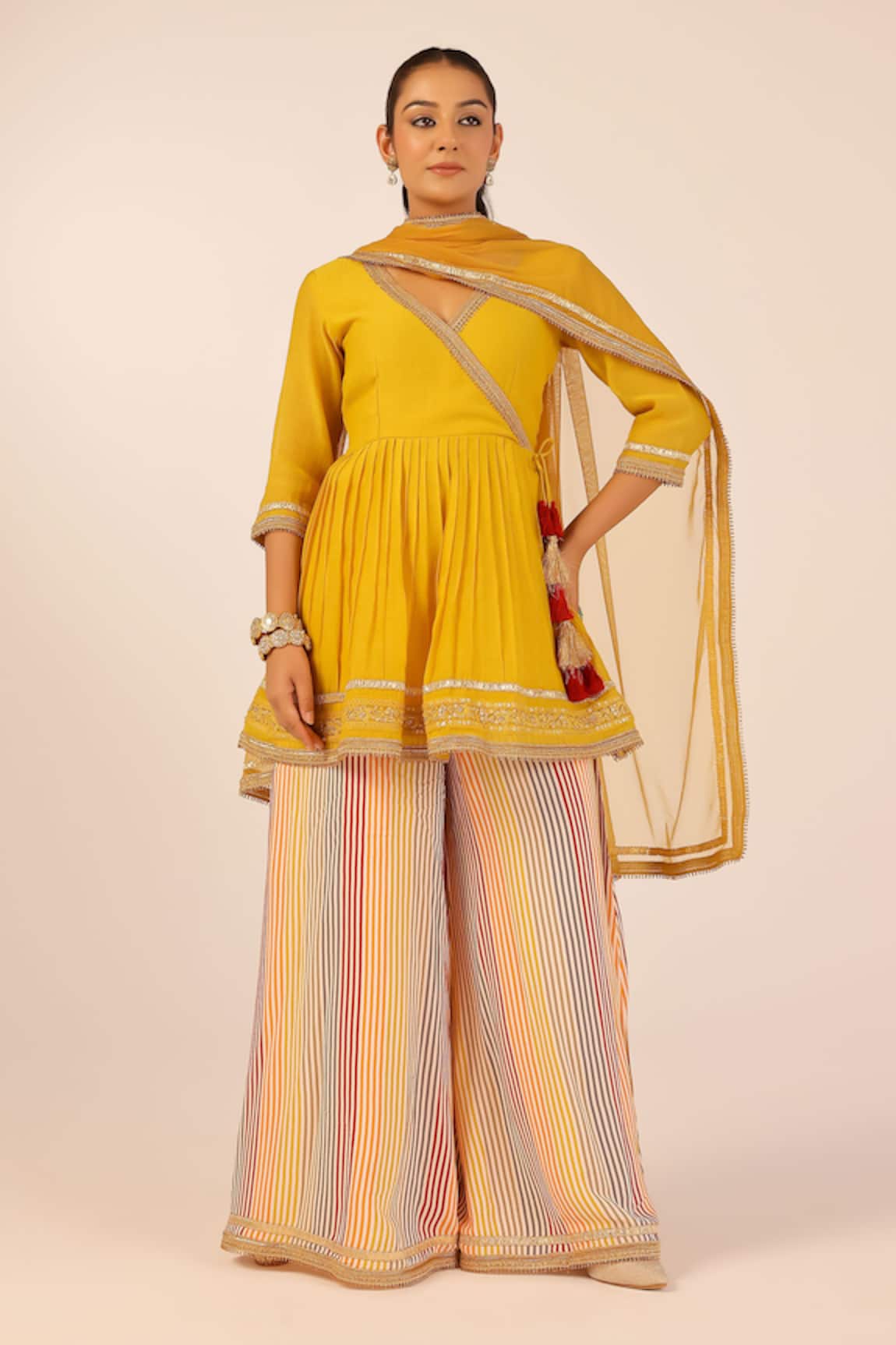 Palak & Mehak Yellow Angarkha Palazzo Set 