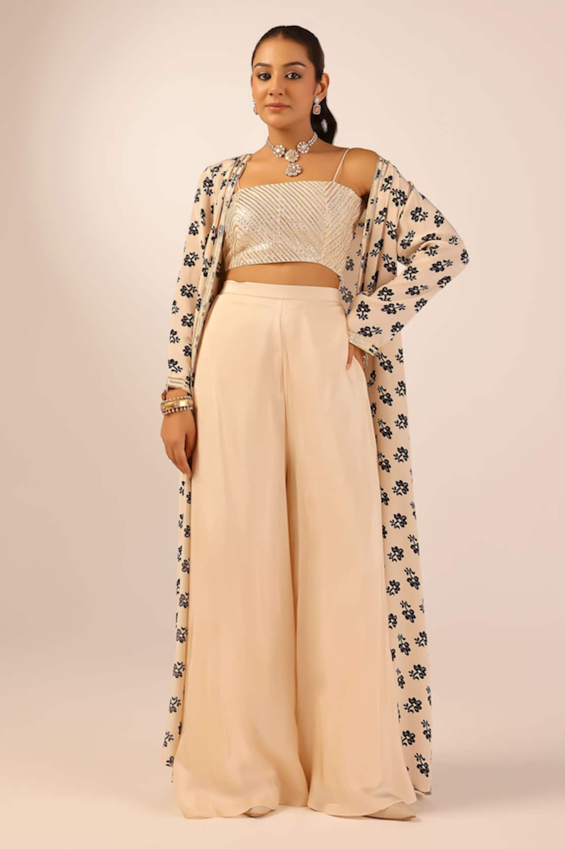 Palak & Mehak Beige Floral Print Jacket Set 