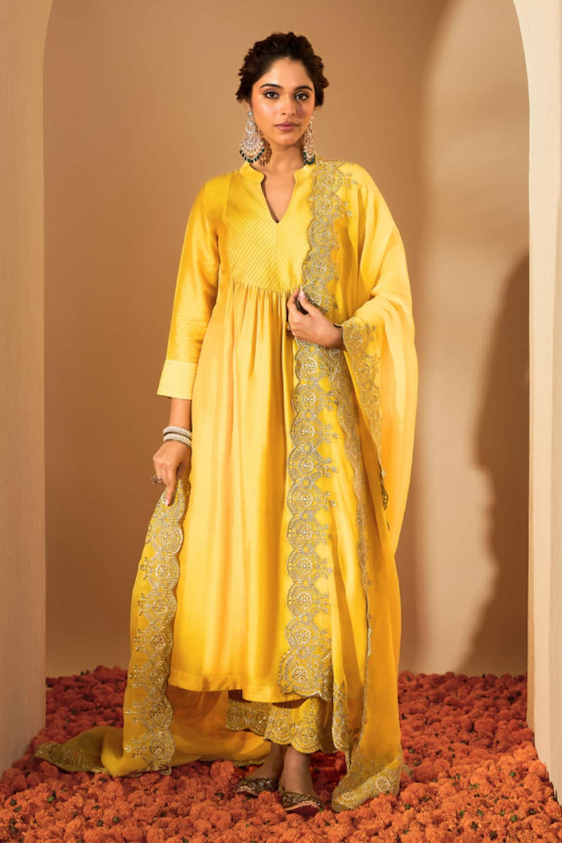Roohbyridhimaa Mustard Zari Embroidered Kurta Set 