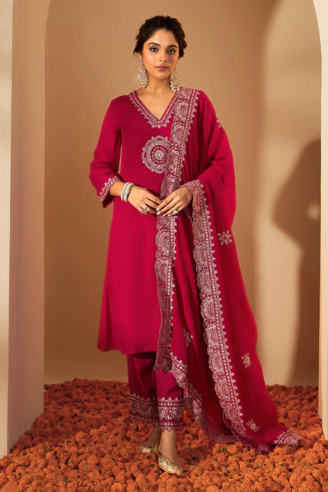 Roohbyridhimaa Fuchsia Pink Zari Embroidered Kurta Set 