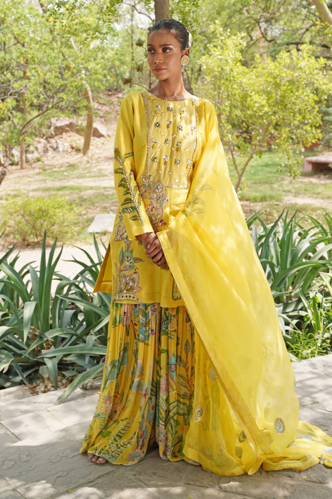 Soniya G Yellow Embroidered Kurta Palazzo Set 