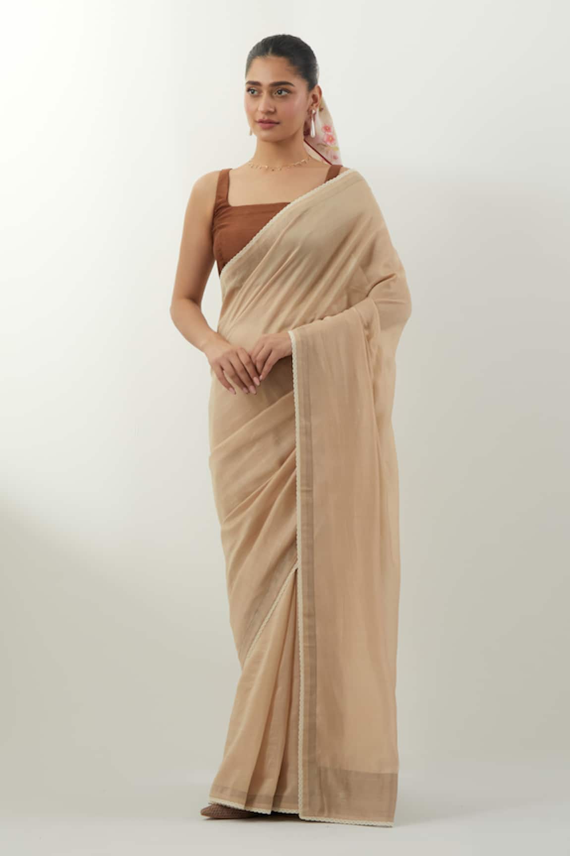 Vinusto Beige Handwoven Chanderi Saree Set 