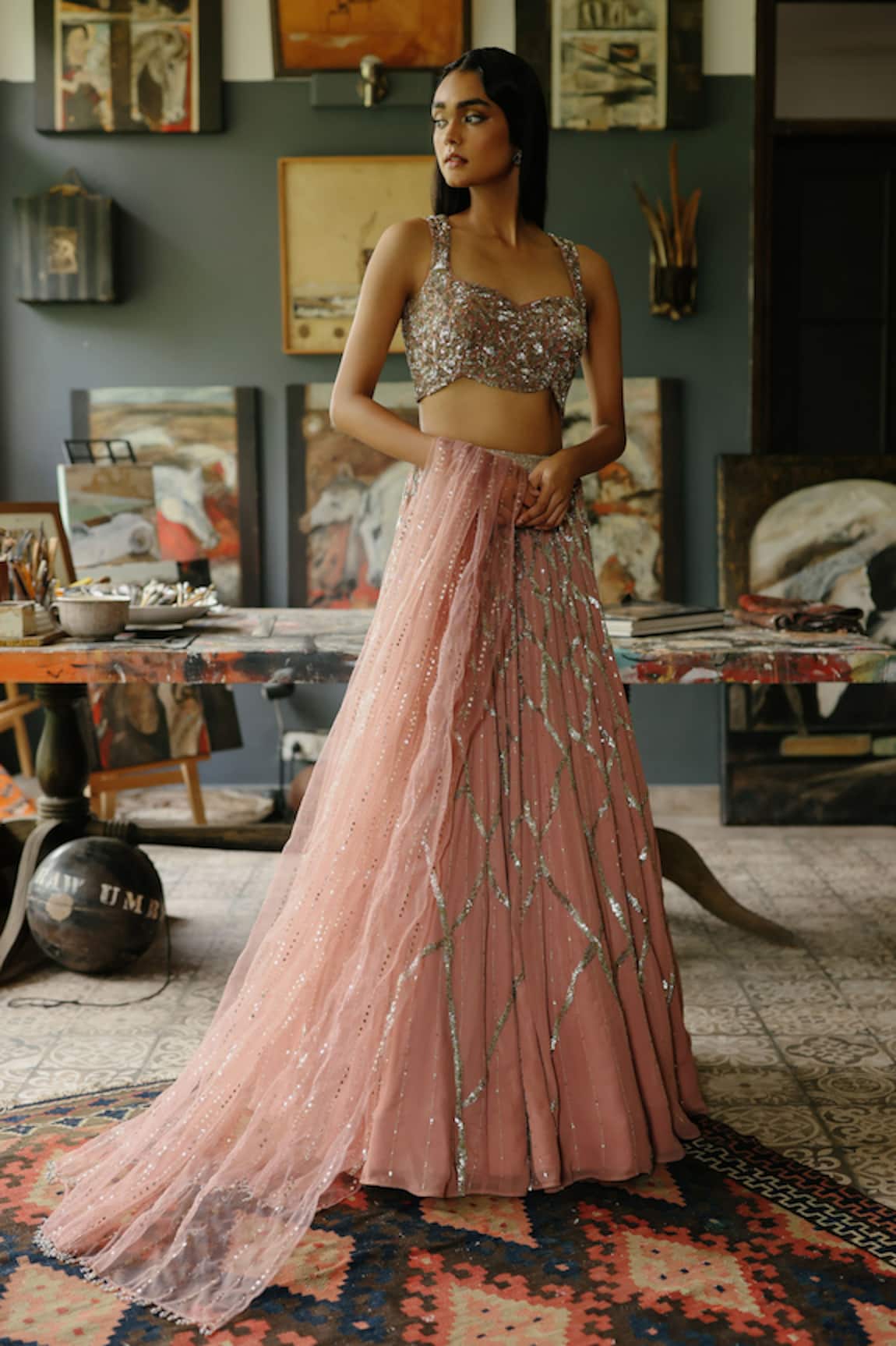 House Of Kotwara Dusky Rose Georgette Thunder Lehenga Set 