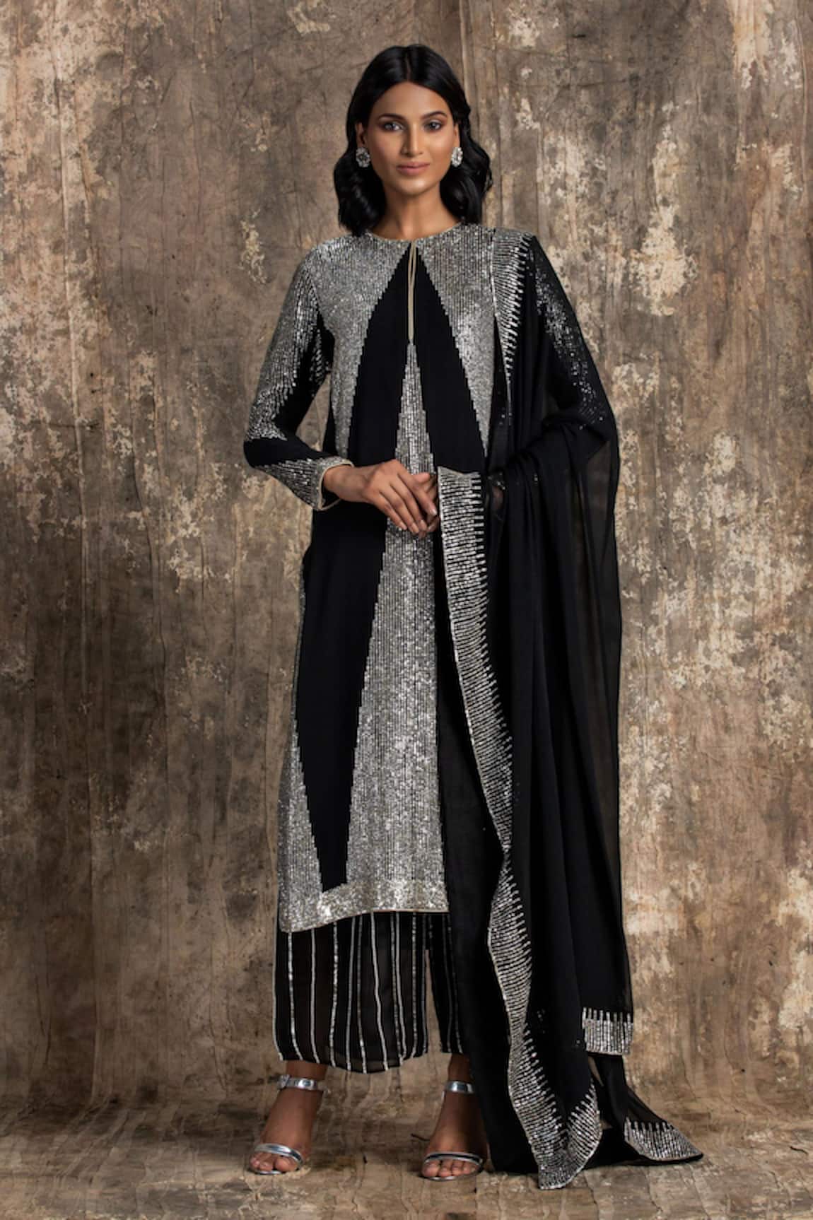 House Of Kotwara Black Georgette Art Deco Kurta Set 