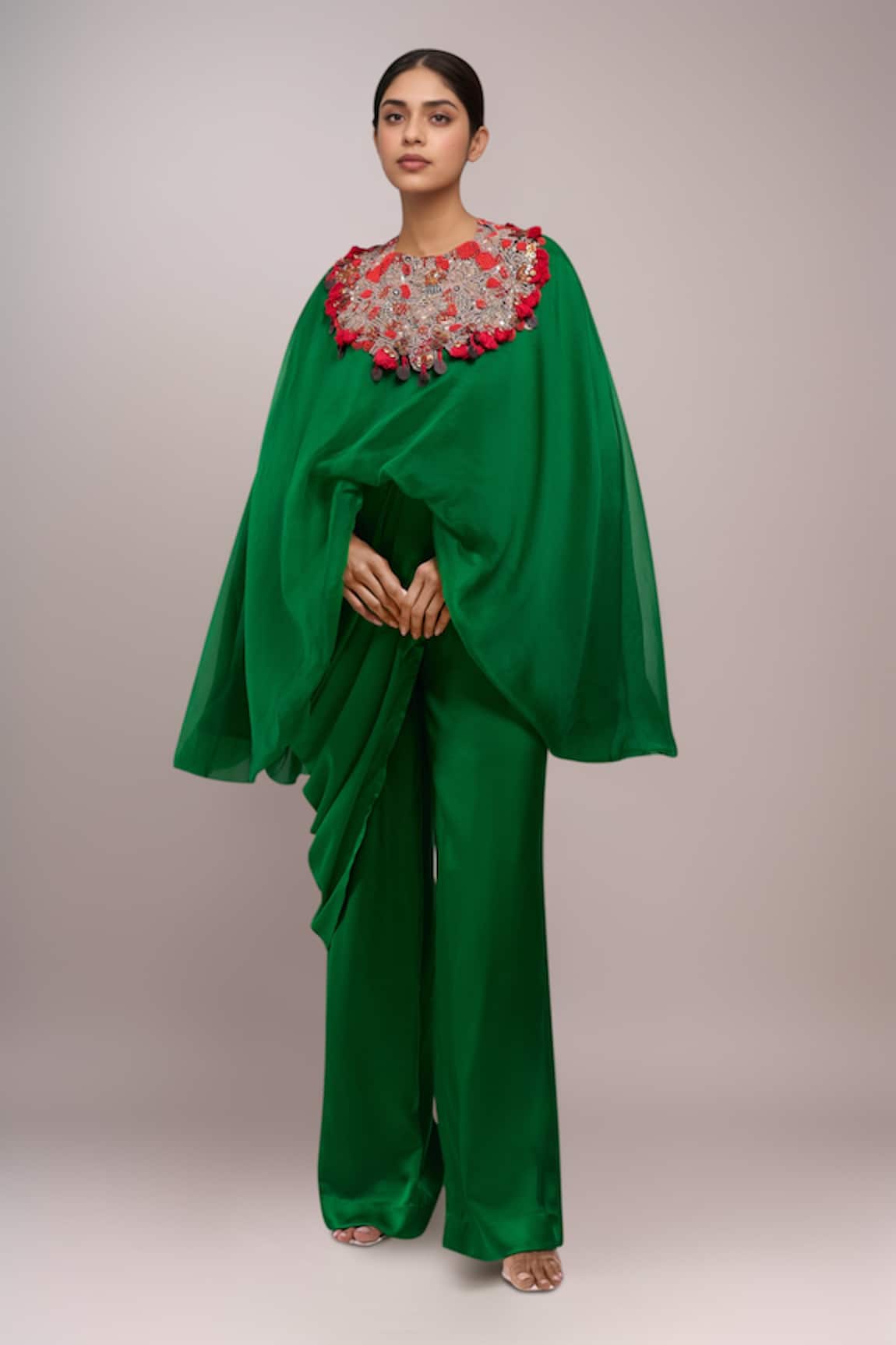 Anamika Khanna Emerald Green Embroidered Cape & Pant Set 