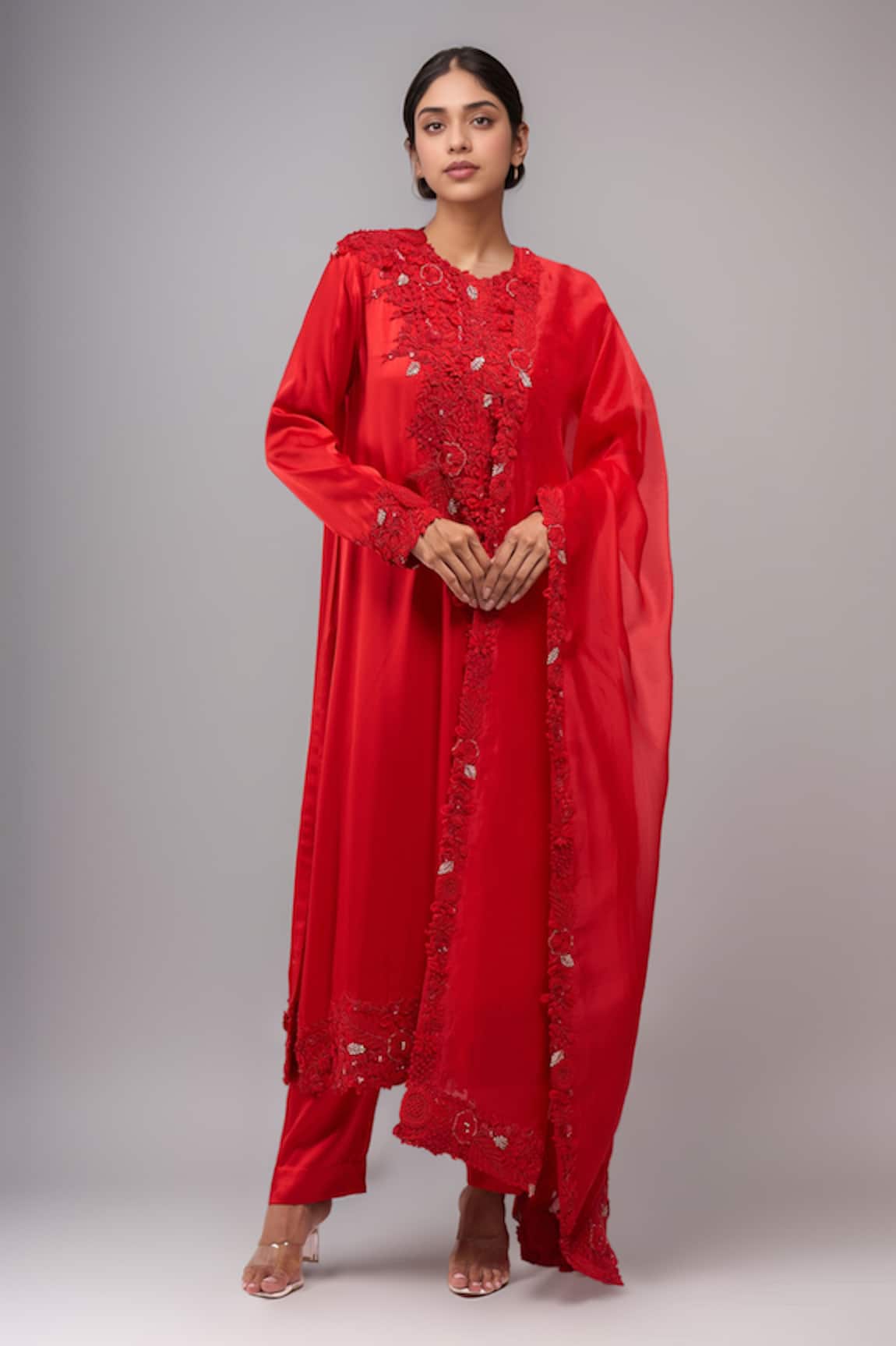 Anamika Khanna Red Embroidered Kurta Pant Dupatta Set 