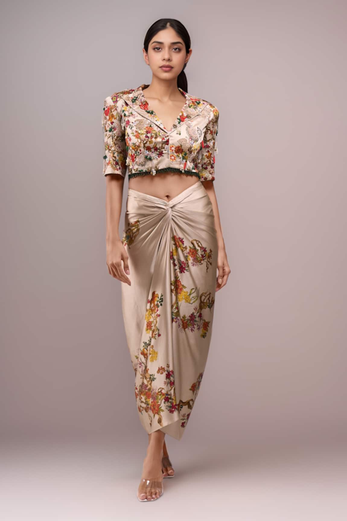 Anamika Khanna Embroidered Ivory Draped Skirt & Jacket Set 