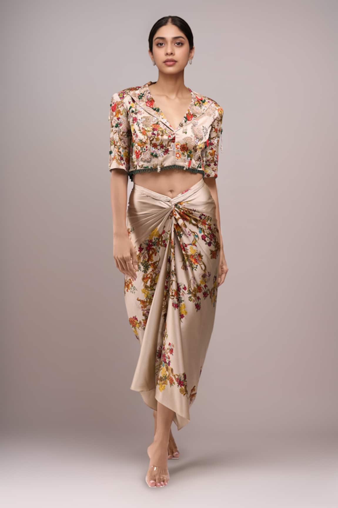 Anamika Khanna Floral Embroidered Draped Skirt & Jacket Set 