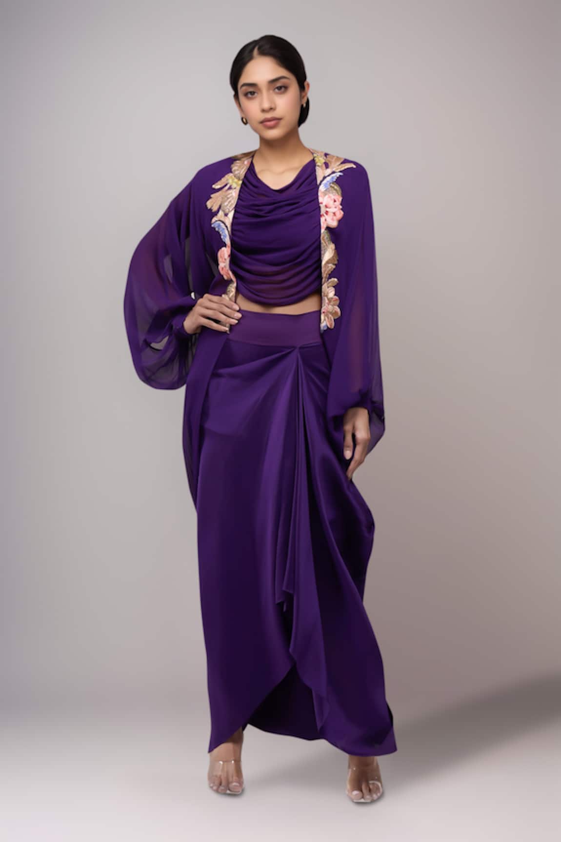 Anamika Khanna Purple Draped Skirt & Top with Jacket 