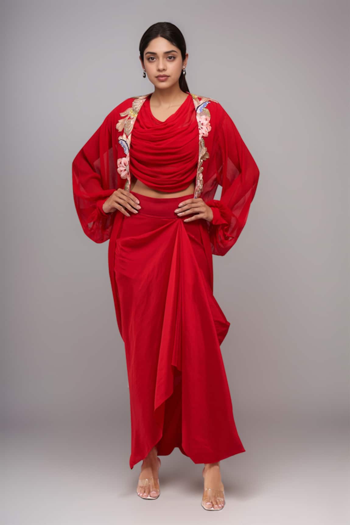 Anamika Khanna Red Draped Skirt & Top with Jacket 