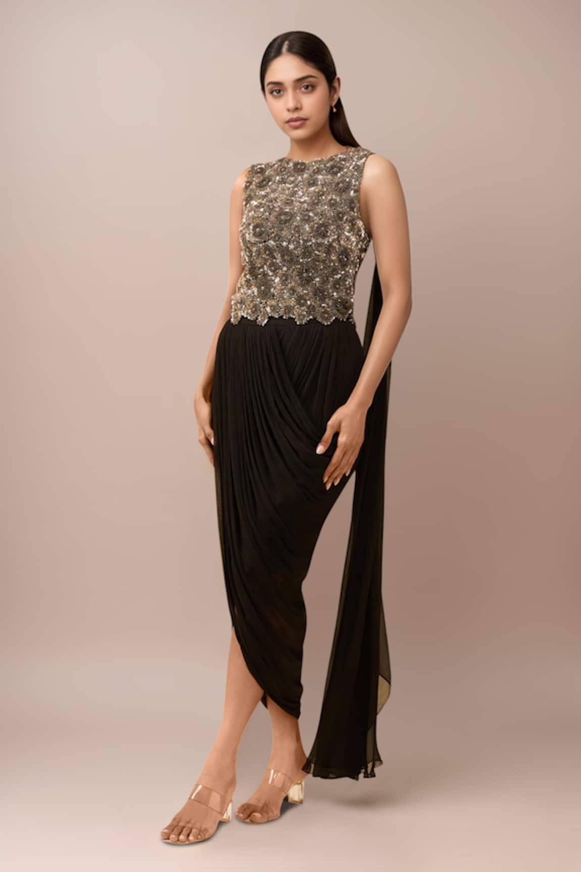 Anamika Khanna Black Draped Skirt Set 