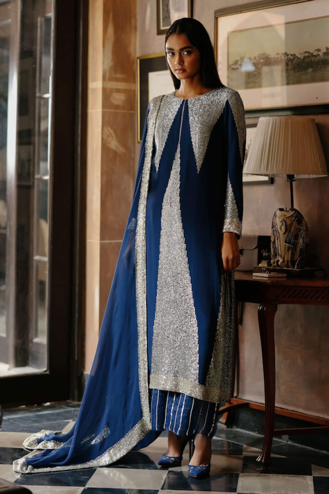 House Of Kotwara Royal Blue Georgette Art Deco Kurta Set 