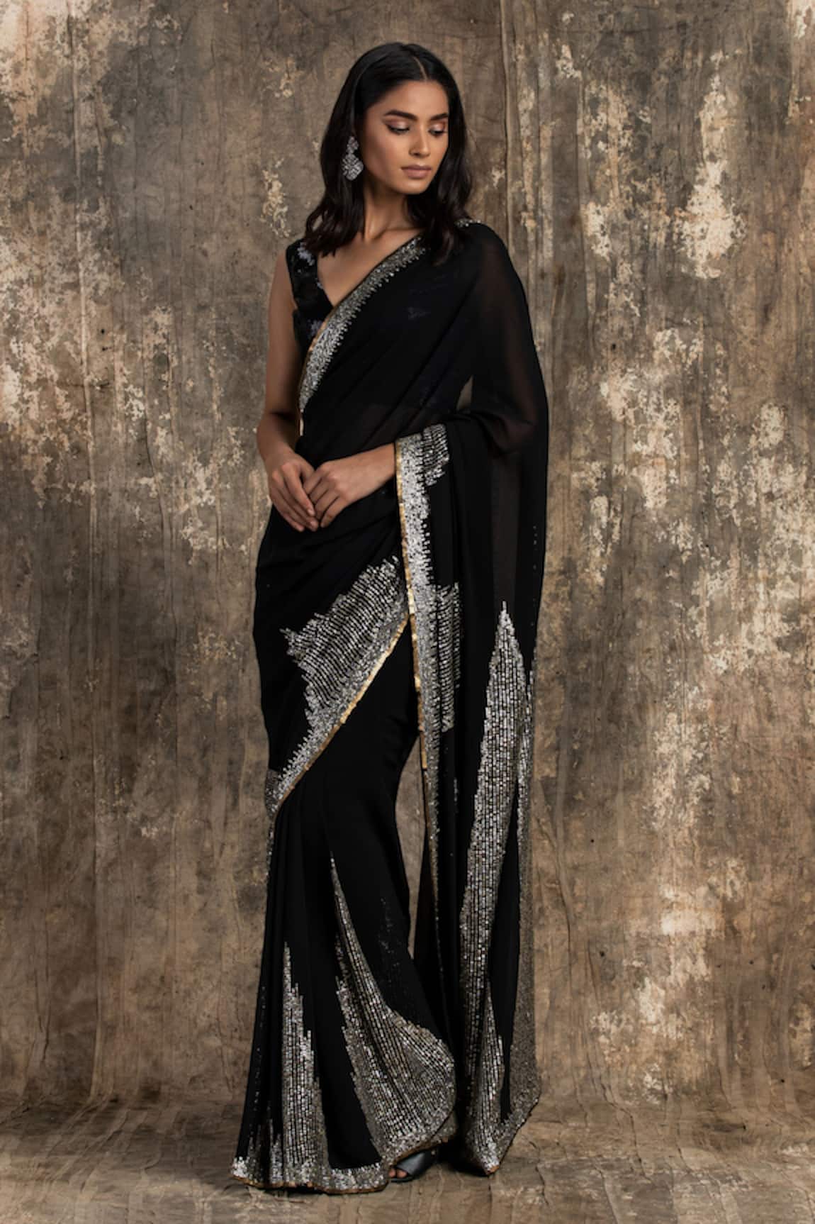 House Of Kotwara Black Georgette Art Deco Saree Set 