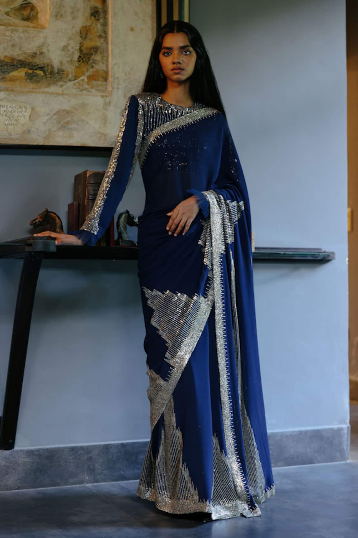 House Of Kotwara Royal Blue Georgette Art Deco Saree Set 