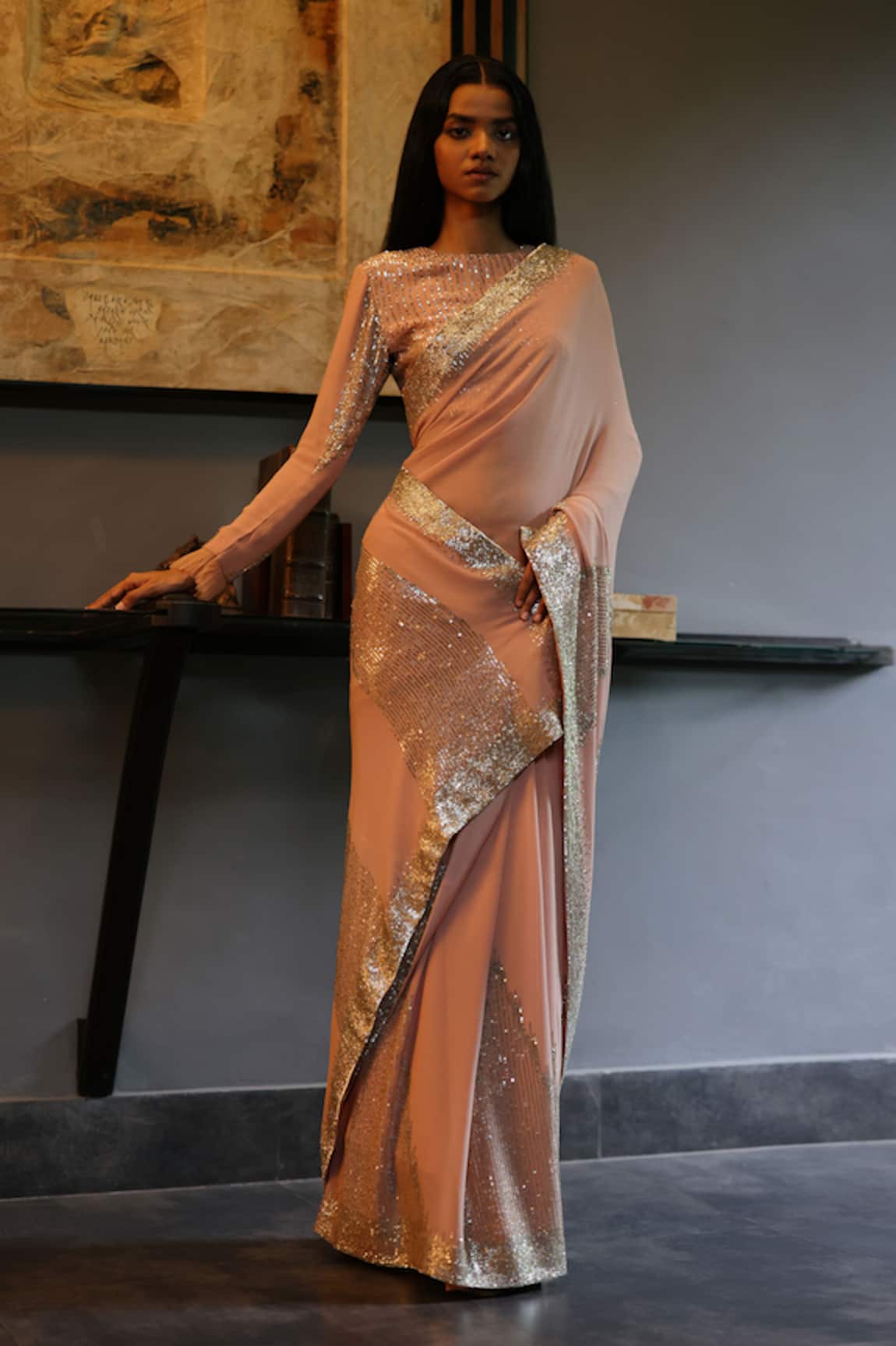 House Of Kotwara Vintage Rose Georgette Art Deco Saree Set 