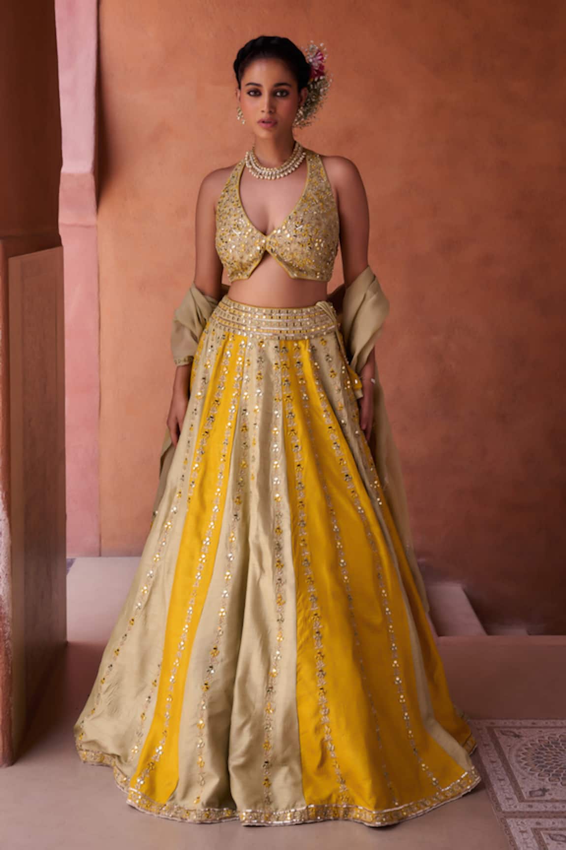 Kapda Dori Sage Green & Mustard Designer Lehenga Set 