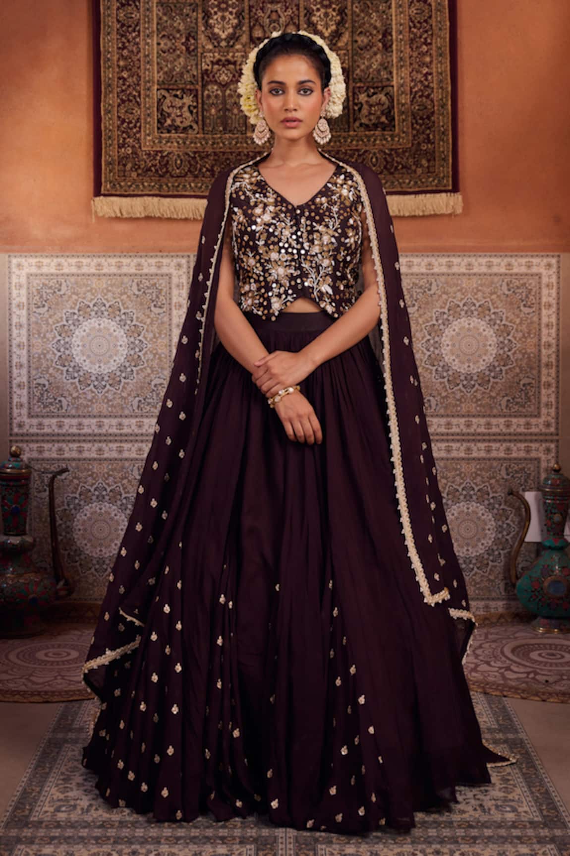 Kapda Dori Designer Brown Lehenga Set with Waist Coat 