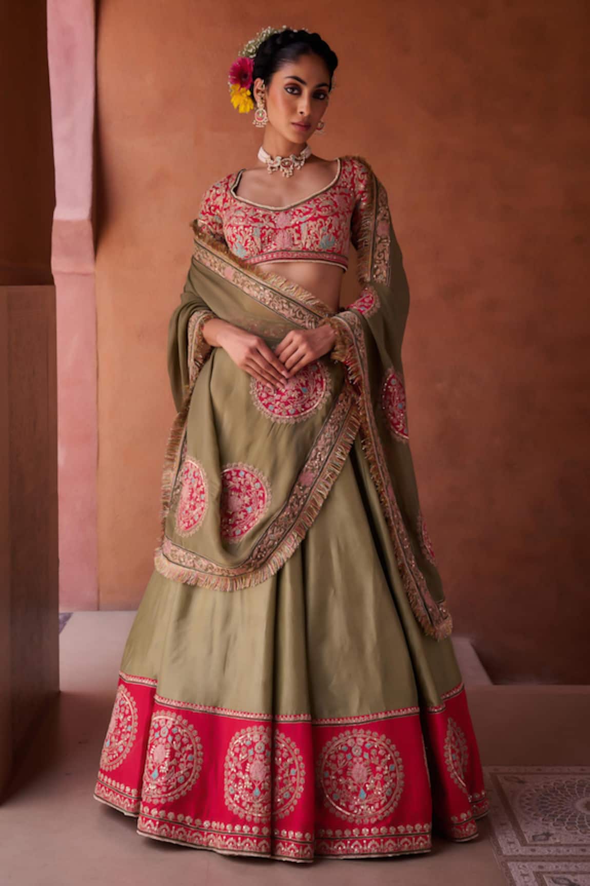 Kapda Dori Sage Green & Fuchsia Embroidered Lehenga Set 