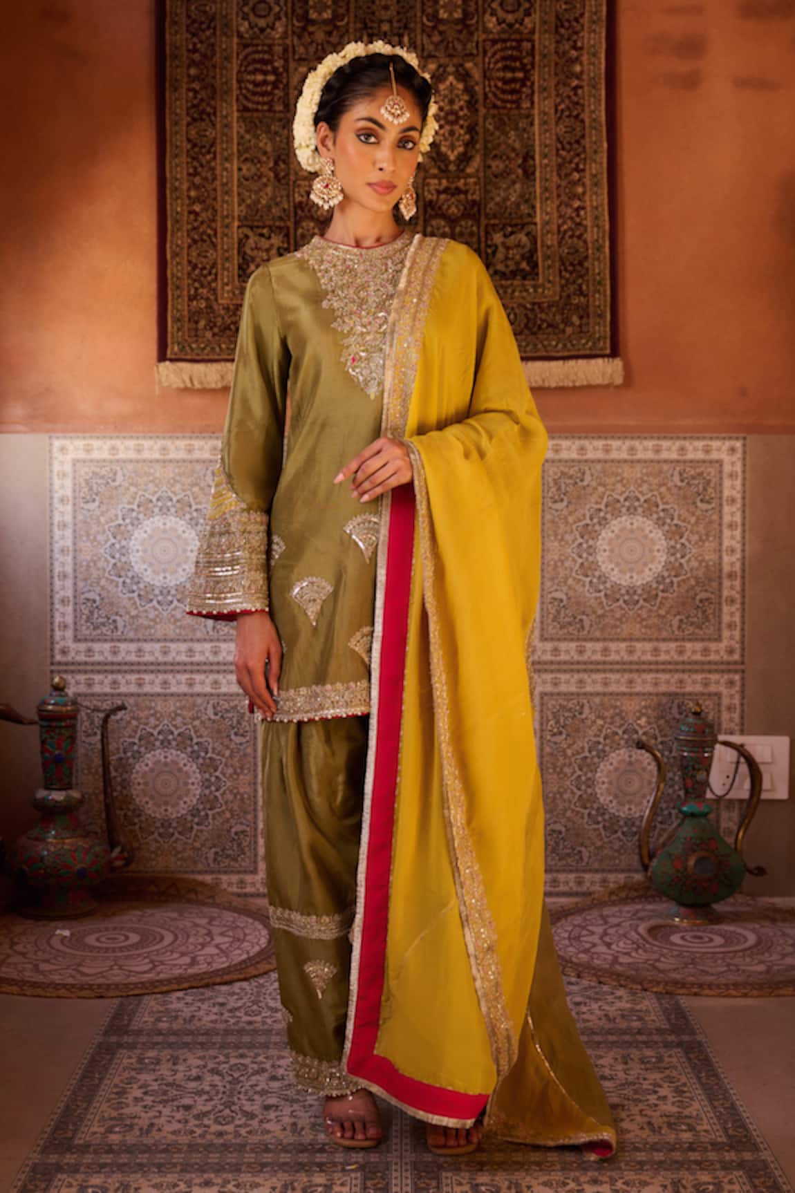 Kapda Dori Sage Green & Mustard Silk Kurta Set 