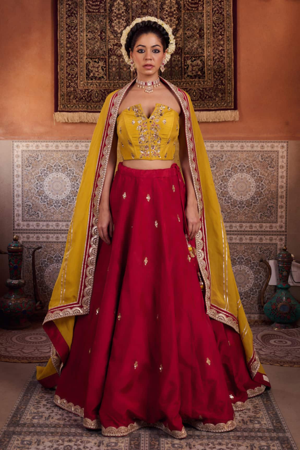 Kapda Dori Mustard Yellow & Raspberry Wine Lehenga Set 