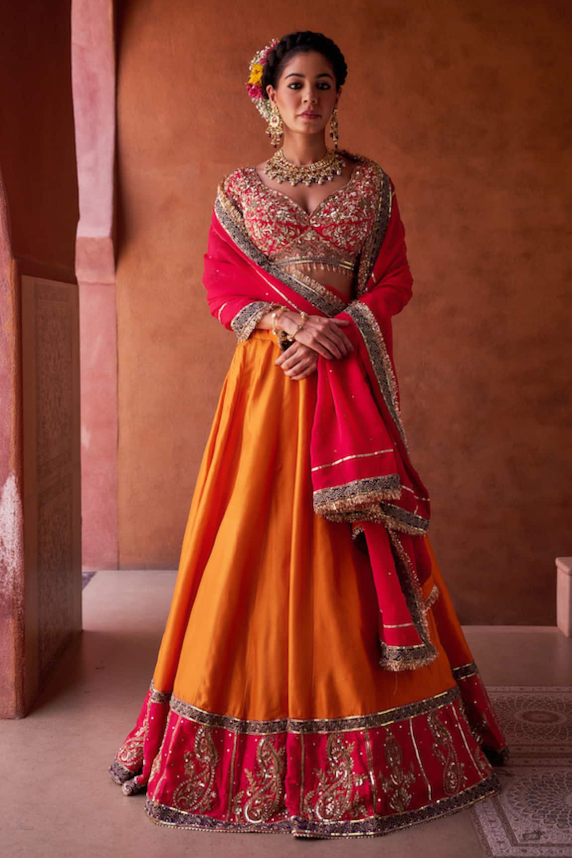Kapda Dori Rust Orange & Magenta Pink Lehenga Set 