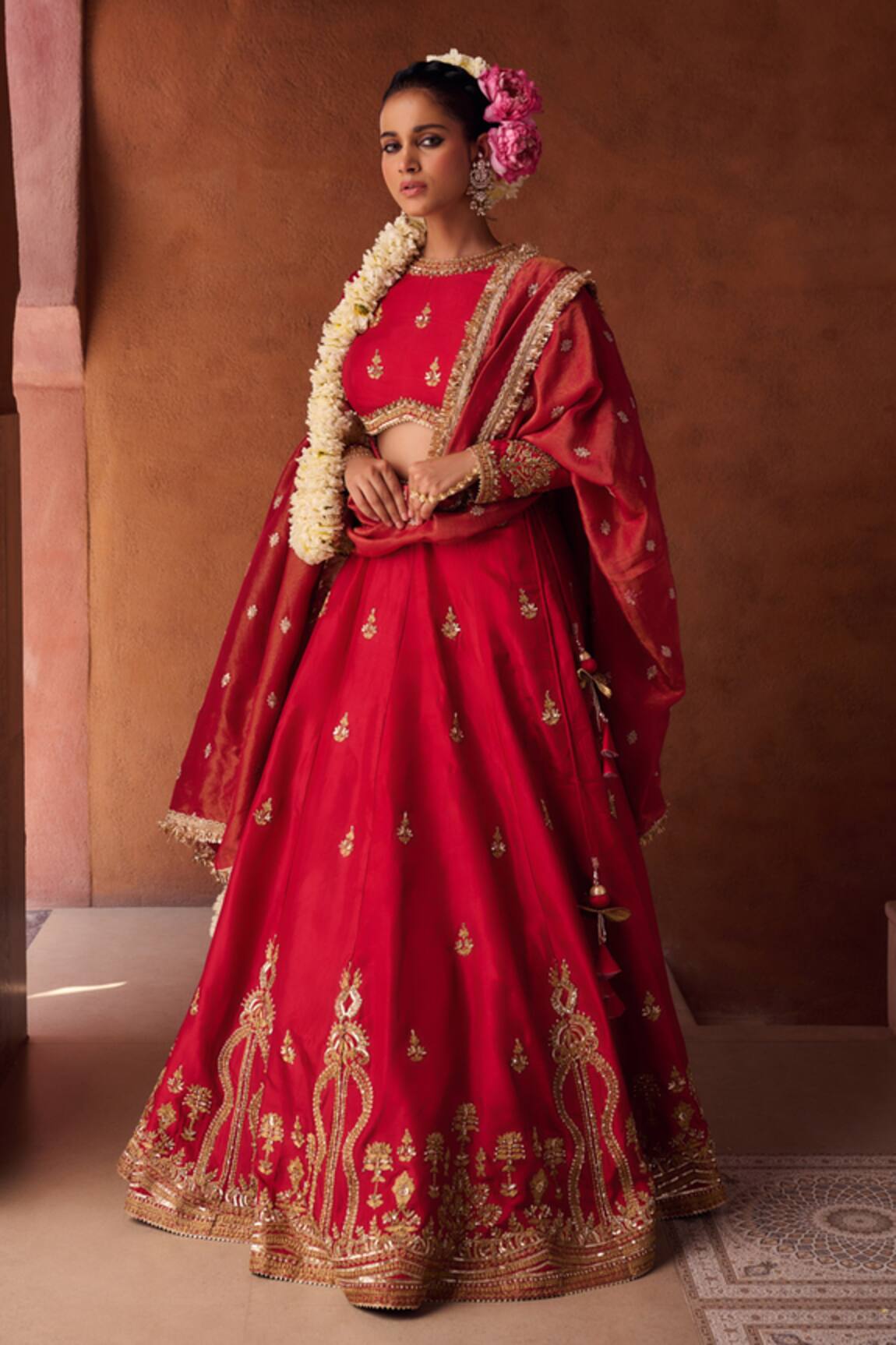 Kapda Dori Redish Coral Embroidered Lehenga Set 