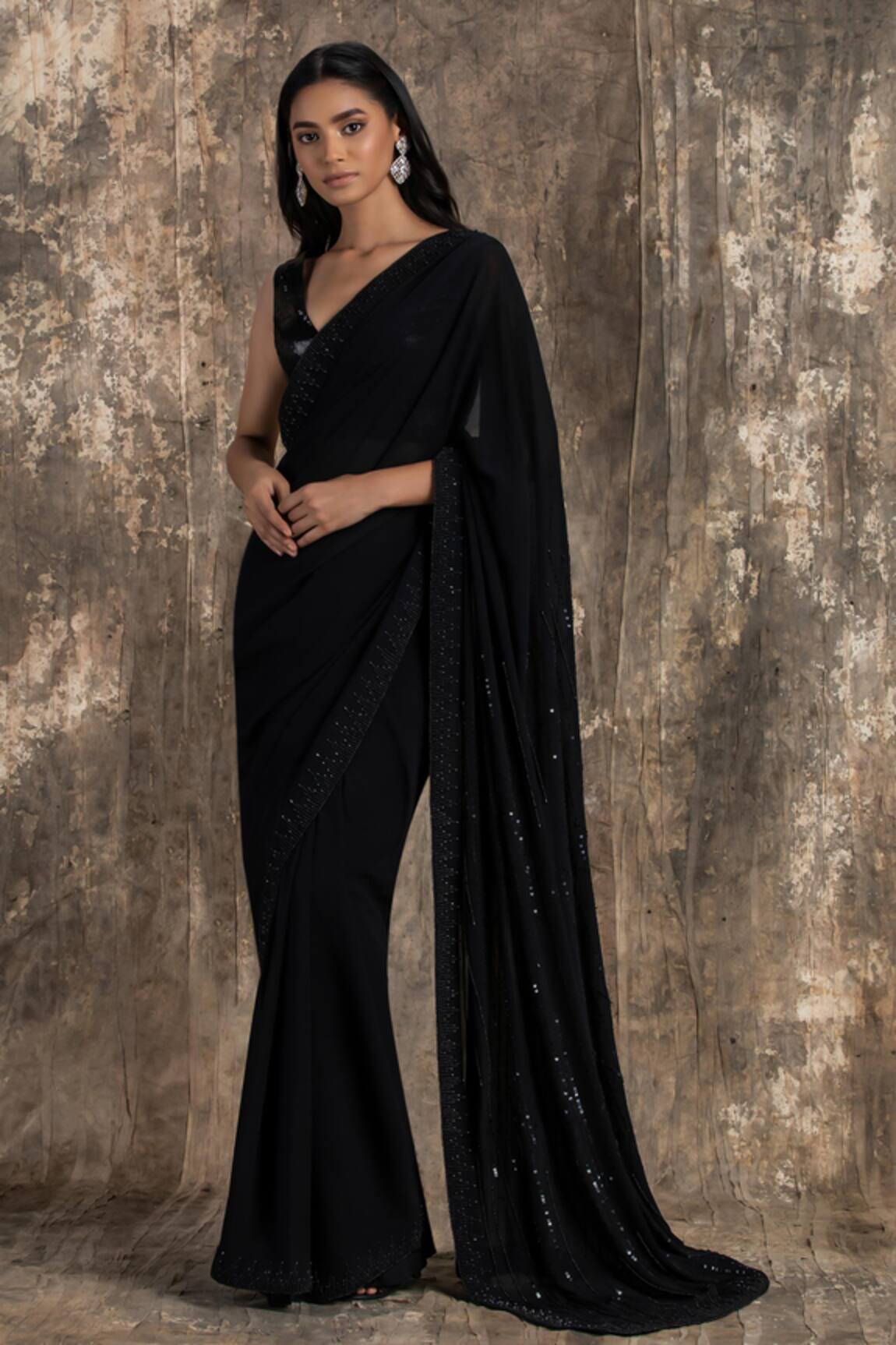 House Of Kotwara Black Georgette Barq Saree Set 