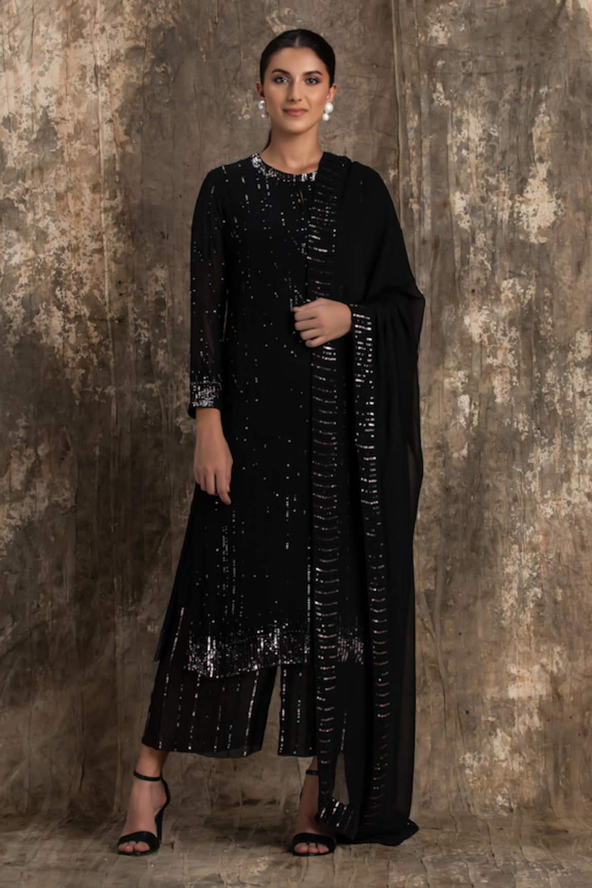 House Of Kotwara Black Georgette Barq Kurta Set 