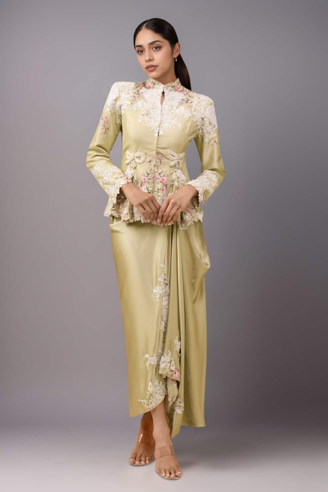 Anamika Khanna Lime Green Embroidered Peplum Top Set 