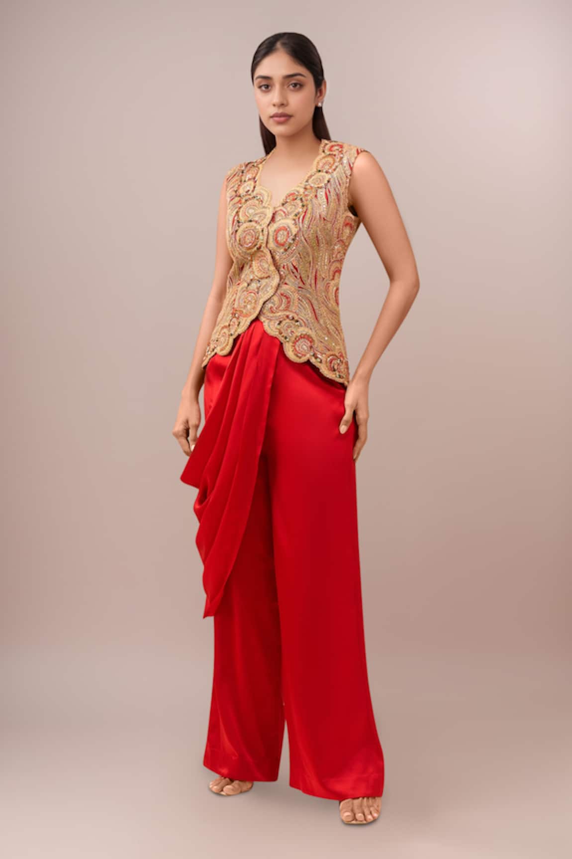 Anamika Khanna Embroidered Red Waistcoat & Pant Set 