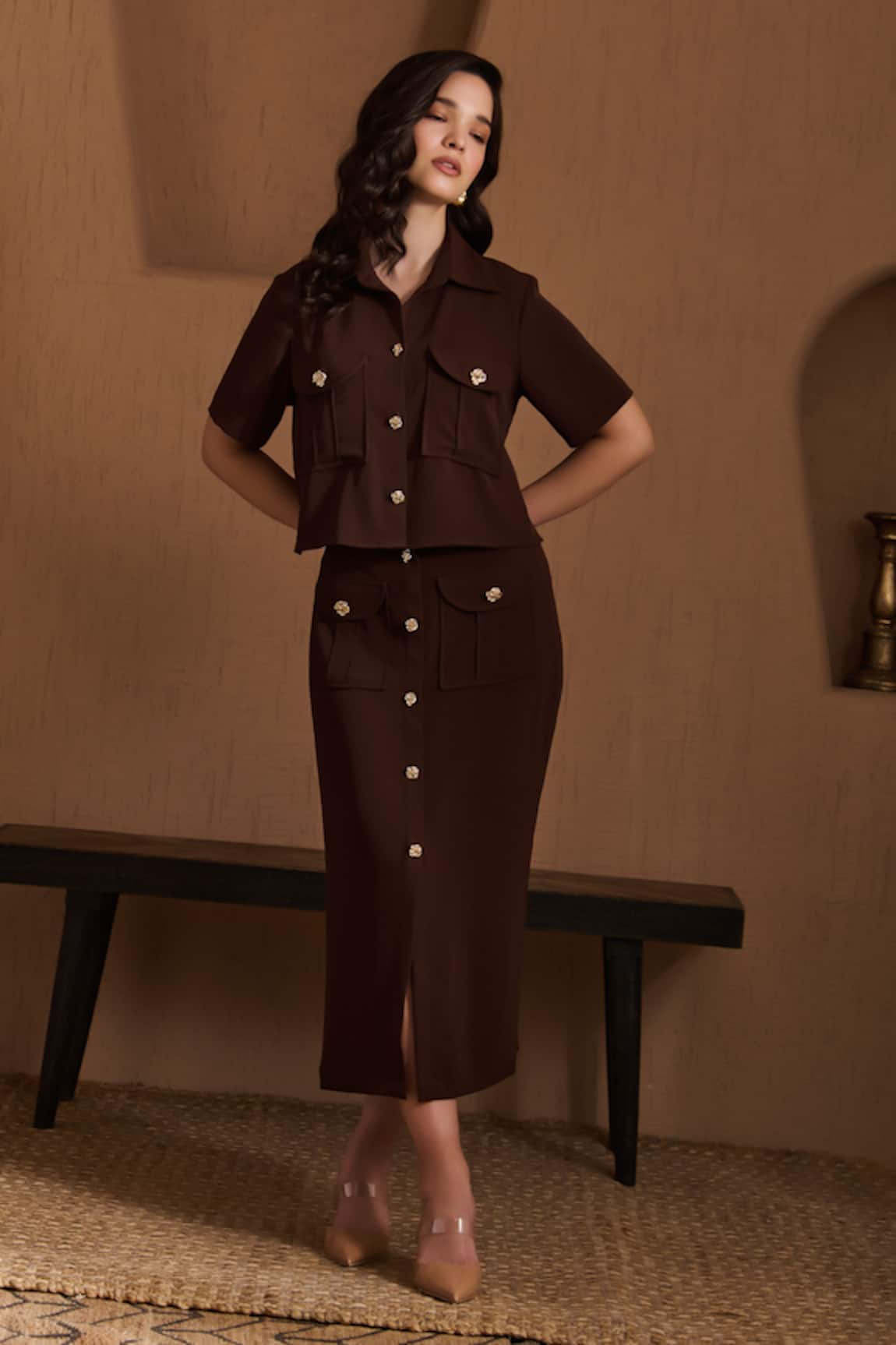 Label Deepika Nagpal Brown Crepe Juliette Co-ord Set 