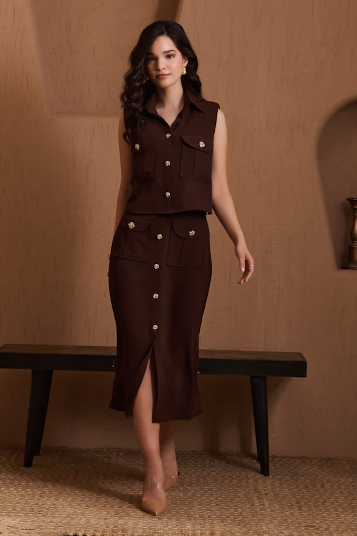 Label Deepika Nagpal Brown Crepe Juliana Co-ord Set 