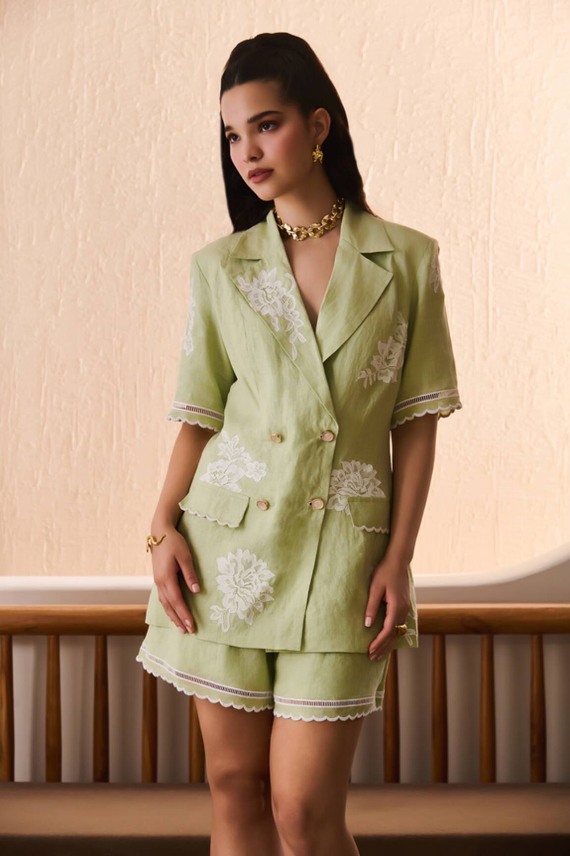 Label Deepika Nagpal Matcha Green Floral Blazer & Shorts Set 