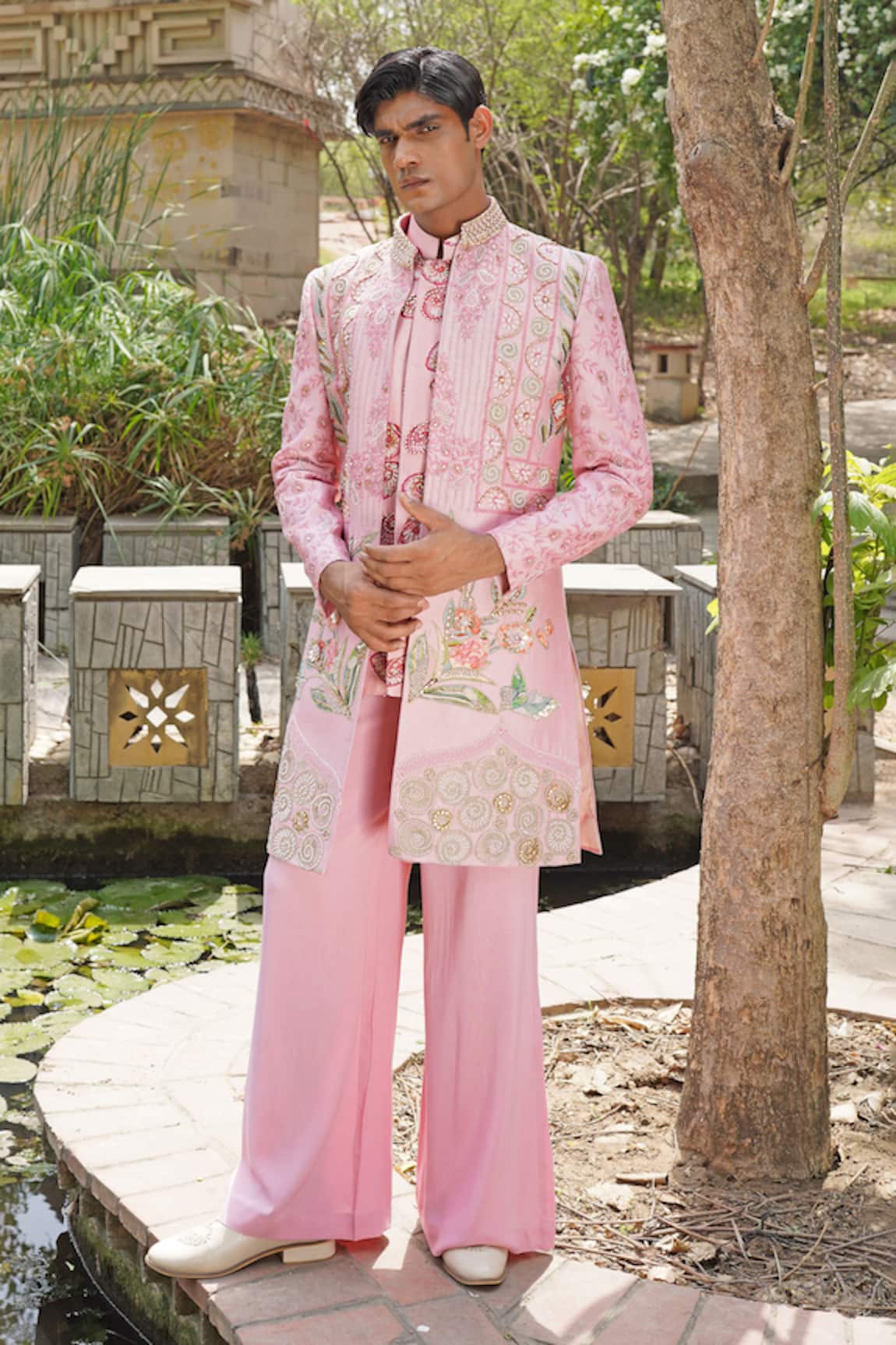 Soniya G Designer Pink Silk Blend Sherwani Set 
