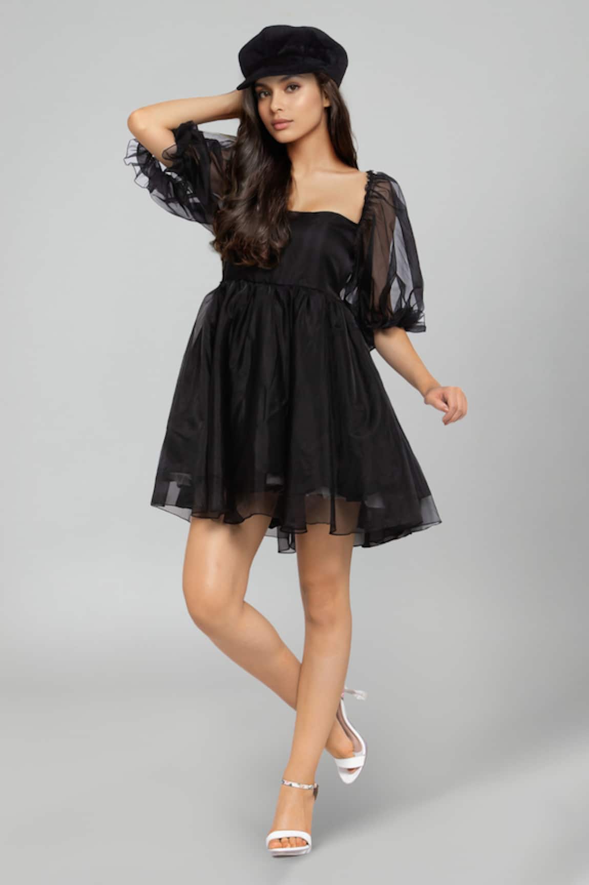 Emblaze Black Organza Puff Sleeve Dress 