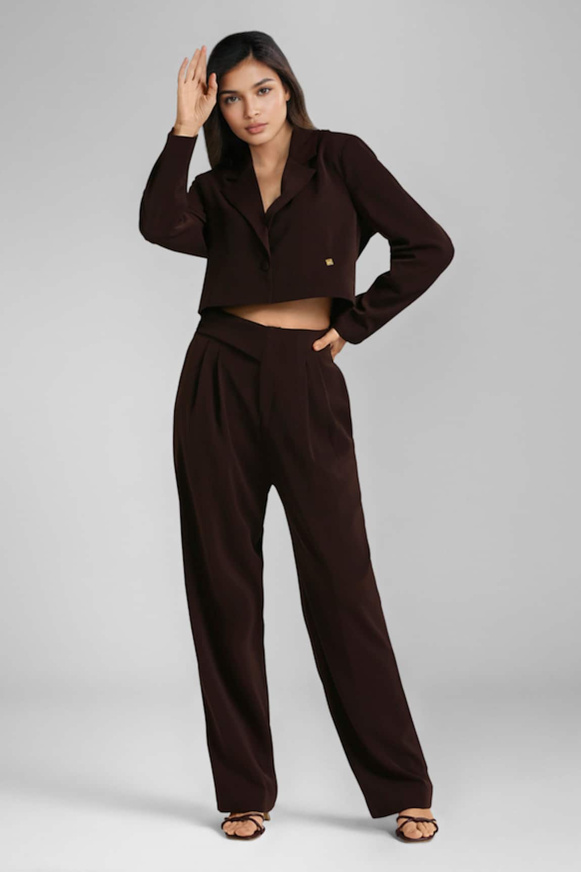 Emblaze Brown Viscose Knit Blazer & Pant Set 