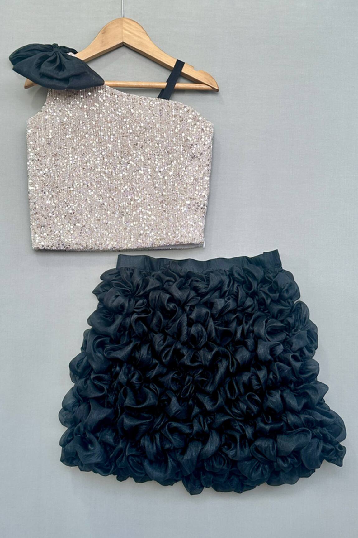 Label Neeti Silver Sequin Top & Black Ruffled Skirt 